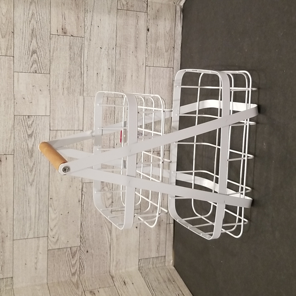 White metal and wood tiered tray/baskets